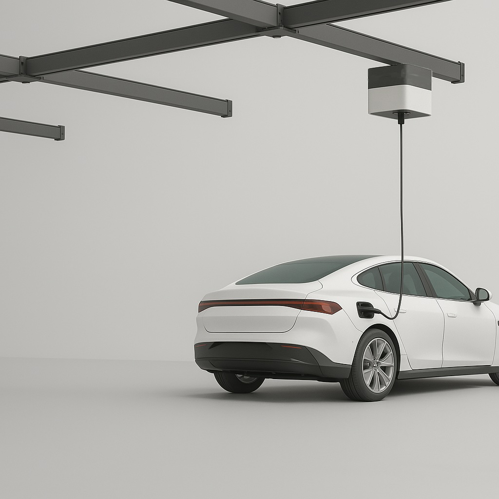 Voltra Robotic EV Charger with overhead track system